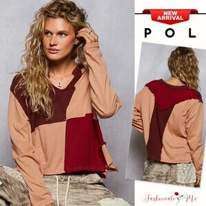 POL Color Block Contrast Notch Neck Long Sleeves Relaxed Fit Top | Burnt Coral